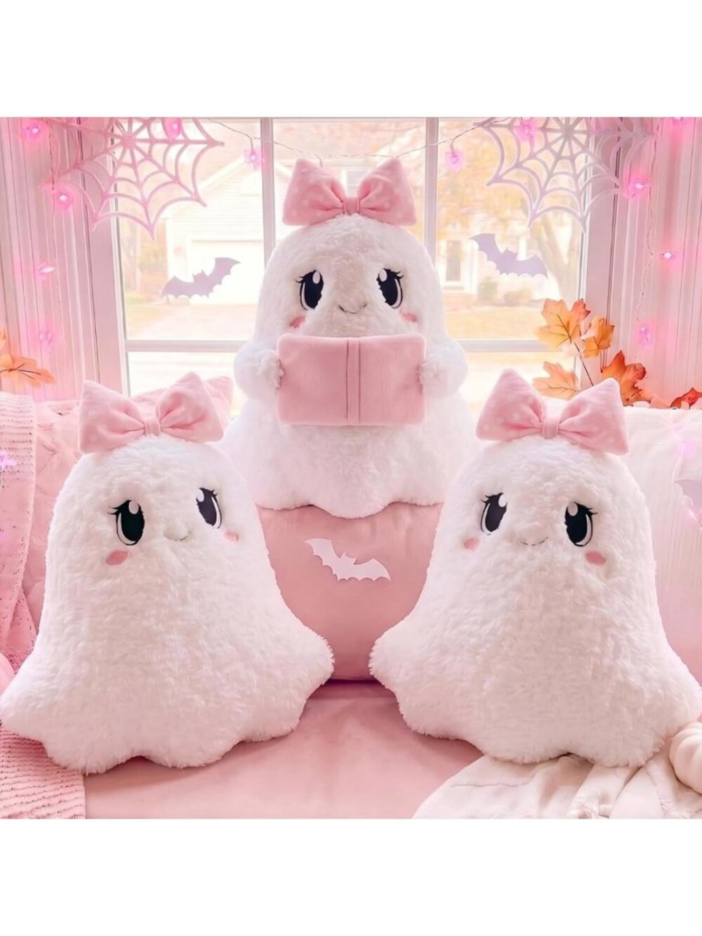 Cute Pink Ghost Throw Pillows with Bow | Halloween Decor | Plush Soft Cushion